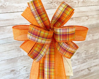 Orange Fall Bow for Wreath, Fall Plaid Bow, Thanksgiving Wreath Bow, Fall Door Hanger Bow, Fall Wreath Bow for Front Door