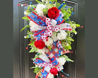 4th of July Wreath for Front Door, Red White and Blue Wreath for Front Porch, Patriotic Swag Wreath, Patriotic Porch Decor