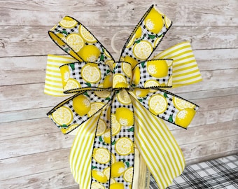 Lemon Wreath Bow, Summer Lemon Decor. Summer Wreath Bow with Lemons, Lemon Door Hanger Bow, Lemon Lantern Bow, Spring Lemon Decor,