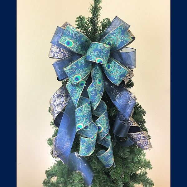 Peacock Christmas Tree Bow, Peacock Ribbon Bow, Holiday Tree Topper Bow, Christmas Garland Bow, Xmas Tree Topper, Large Christmas Bow