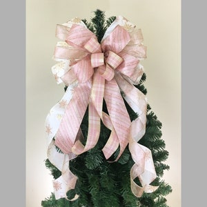 Pink Christmas Tree Topper, Pink Christmas Tree Bow, Rose Gold Christmas Tree Topper Bow with Streamers