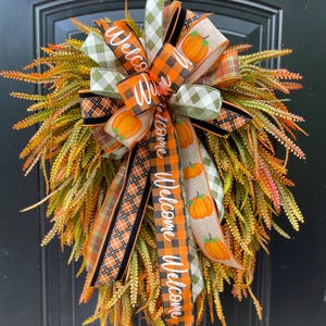 Fall Bead Grass Wreath for front door, Fall Wreath with Cascading Greenery, Autumn Thanksgiving Door Decoration, Rustic Front Porch Decor