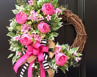 LARGE Pink Peony Spring Wreath, Valentine's Day Farmhouse Wreath, Peony Door Wreath, Pink Grapevine Wreath for Door, Mothers Day Wreath