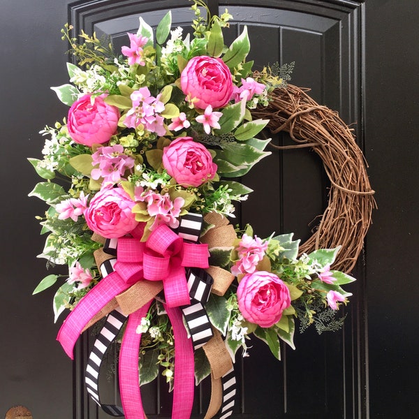 LARGE Pink Peony Spring Wreath, Valentine's Day Farmhouse Wreath, Peony Door Wreath, Pink Grapevine Wreath for Door, Mothers Day Wreath