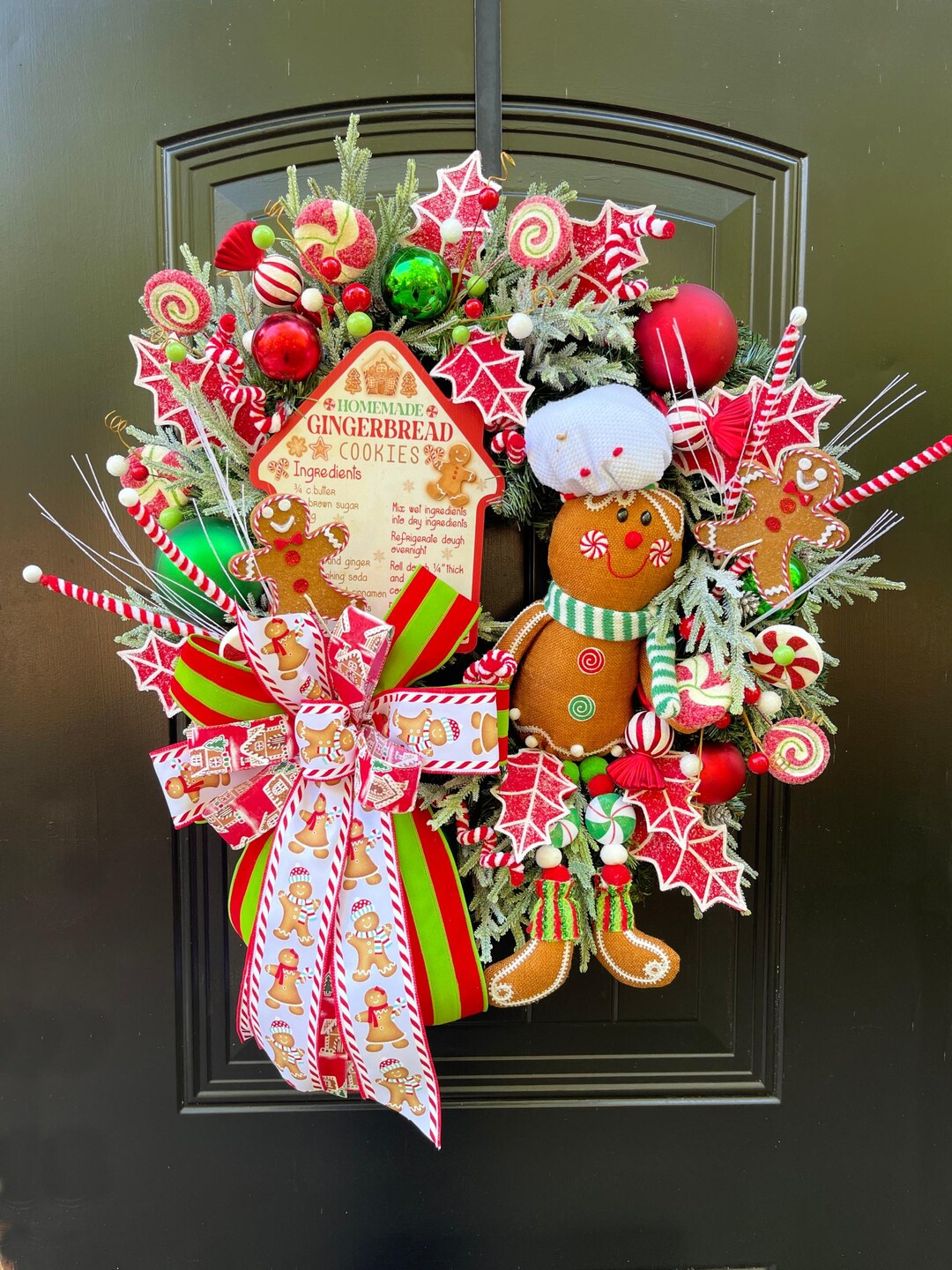 Gingerbread Man Christmas Wreath With Cookie Recipe Sign, Holiday Door ...