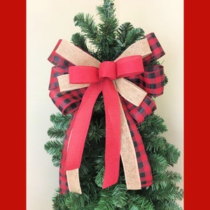 Farmhouse Christmas Tree Topper, Red Buffalo Plaid Christmas Tree Topper, Rustic Tree Topper, Country Christmas Tree Bow