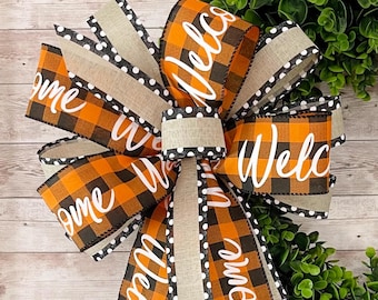Fall Welcome Ribbon Bow for Wreath, Orange and Black Fall Wreath Bow, Fall Buffalo Check Bow, Thanksgiving Wreath Bow, Fall Door Hanger Bow