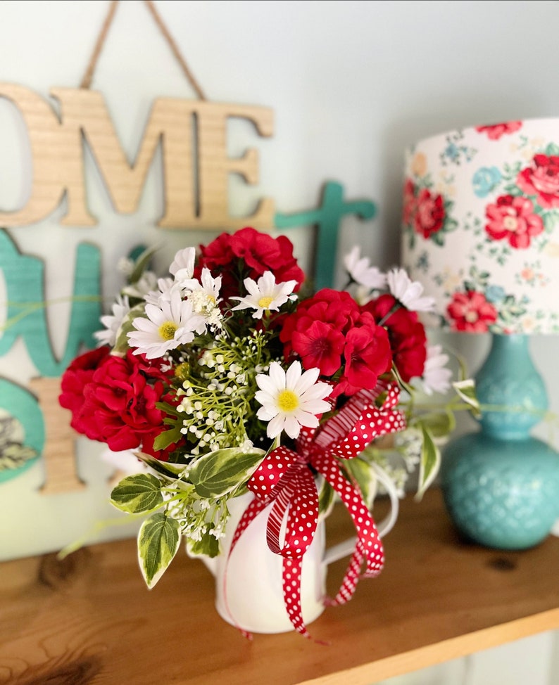 Watering Can Flower Arrangement Red Geranium Table Etsy