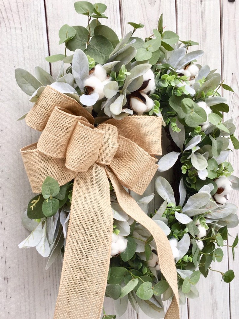 Lambs Ear Cotton Wreath With Burlap Bow Lambs Ear Eucalyptus Etsy