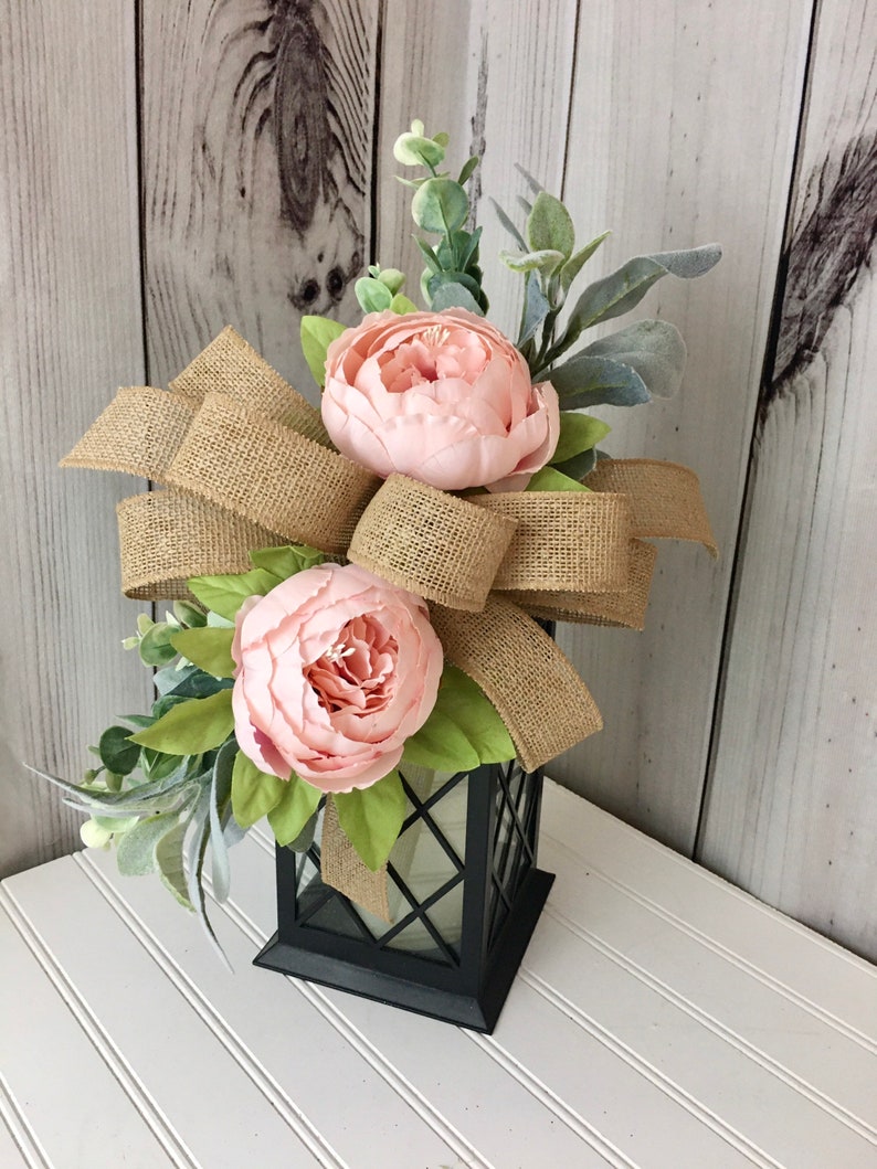 Spring Lantern Swag, Pink Peony Lantern Swag, Farmhouse Lantern Centerpiece with Flowers, Farmhouse Lantern Topper, Burlap Bow for Lantern image 8