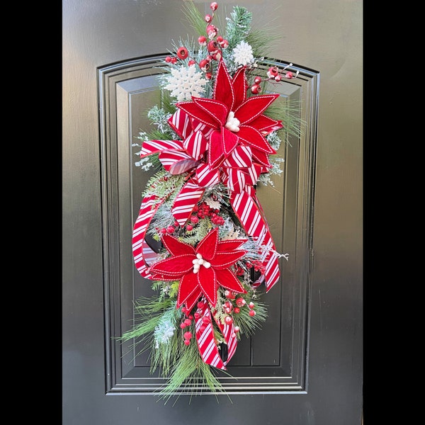 Christmas Swag Wreath for Front Door, Red and White Christmas Wreath, Christmas Poinsettia Wreath, Christmas Tear Drop Swag