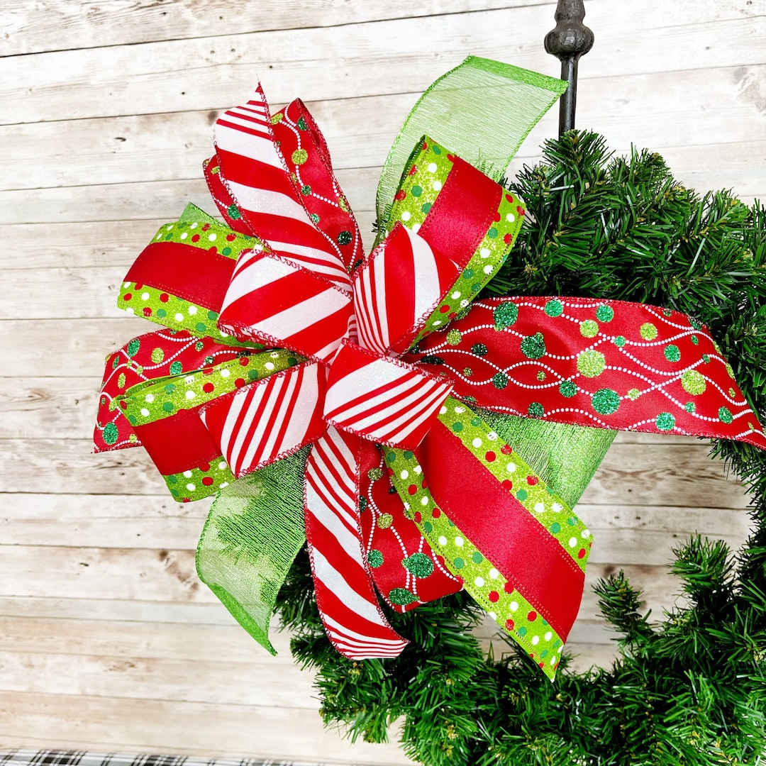 Red and Lime Green Christmas Wreath Bow, Whimsical Christmas Garland