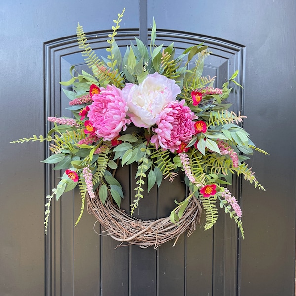 Spring Grapevine Wreath for Front Door, Pink Peonies Spring Door Wreath, Garden Style Wreath, Large Spring Wreath, Mothers Day Wreath