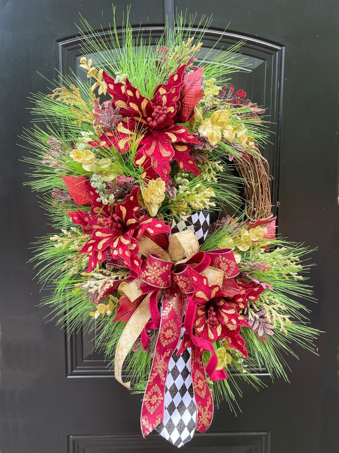 Burgundy and Gold Christmas Wreath for Front Door, Holiday Grapevine ...
