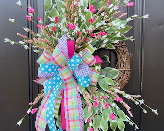 Spring Grapevine Wreath for Front Door, Pink and White Spring Door Wreath, Garden Style Wreath, Large Spring Wreath, Mothers Day Wreath