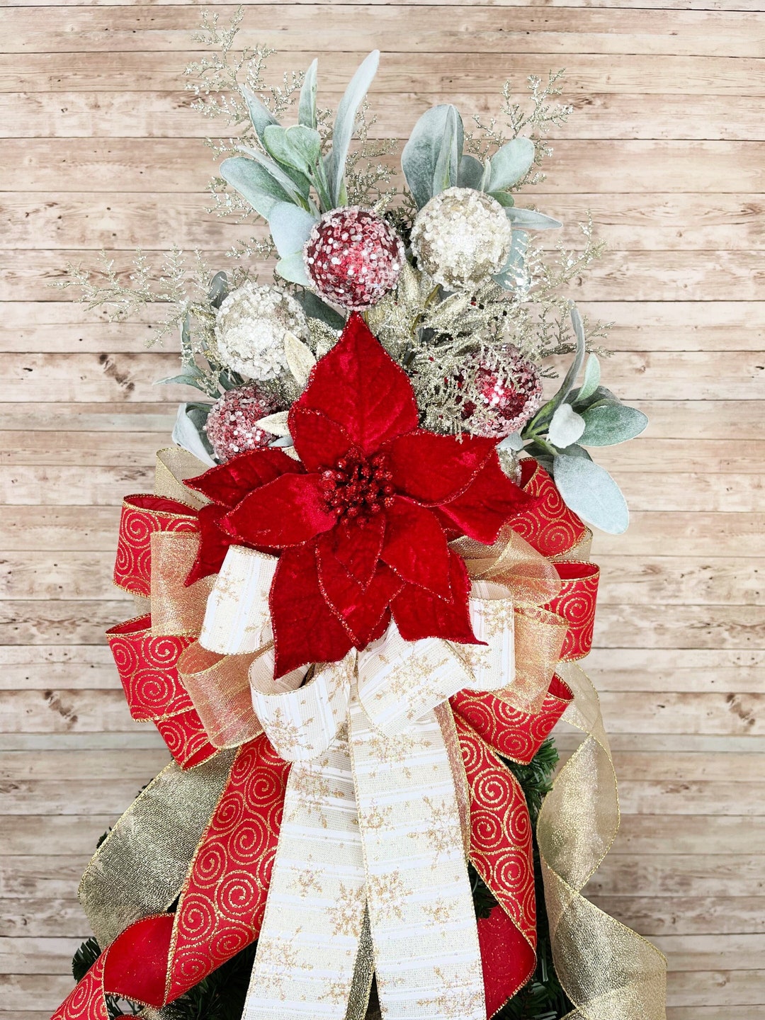 Poinsettia Tree Topper, Red and Gold Christmas Tree Topper Bow With ...
