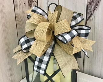 Black and White Buffalo Plaid Burlap Bow, Buffalo Check Burlap Wreath Bow, Farmhouse Burlap Bow for Wreath, Black and White Rustic Bow