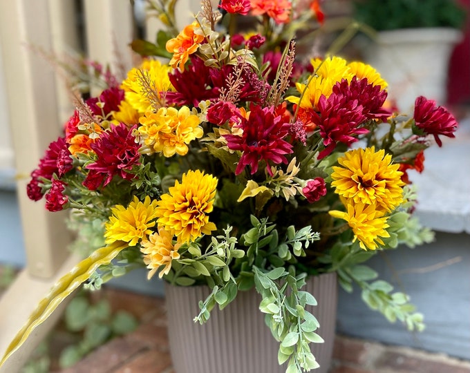 Artificial Mums for Outdoors, Fall Porch Planter, Artificial Plants in