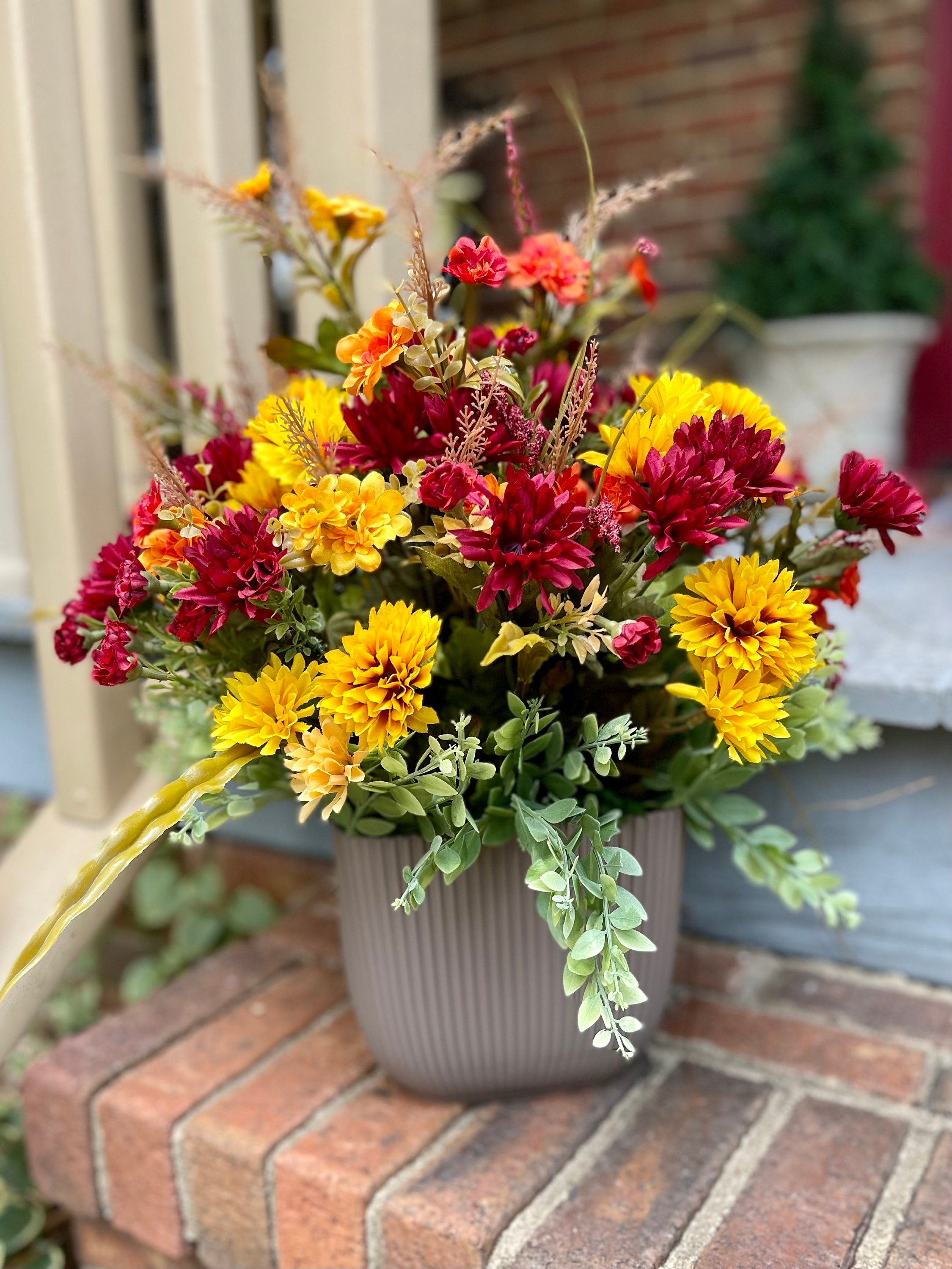 Faux Zinnia Mum Bush Outdoor Fall Arrangement Urn Filler