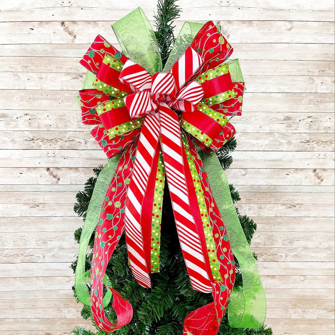 Red and Lime Green Christmas Tree Bow Topper, Holiday Tree Topper Bow