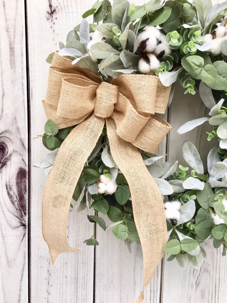 Lambs Ear Cotton Wreath With Burlap Bow Lambs Ear Eucalyptus Etsy
