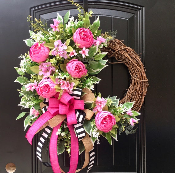 LARGE Pink Peony Spring Wreath, Valentine&#39;s Day Farmhouse Wreath, Peony Door Wreath, Pink Grapevine Wreath for Door, Mothers Day Wreath