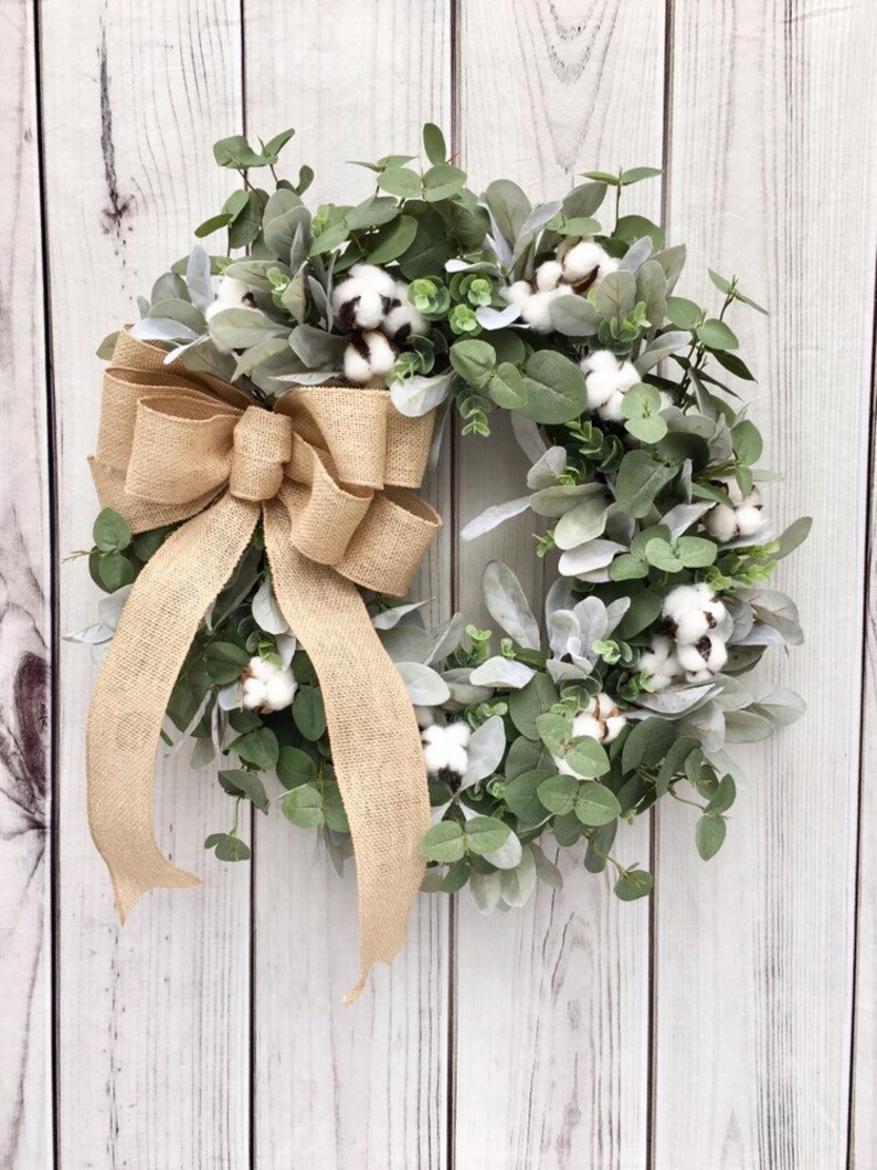Lambs Ear Cotton Wreath With Burlap Bow Lambs Ear Eucalyptus Etsy