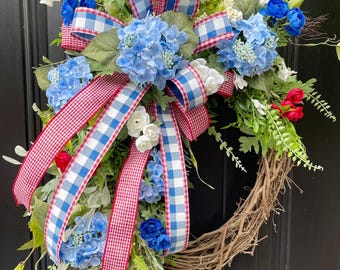 Patriotic Wreath with Bow, Red White Blue Front Door Decor