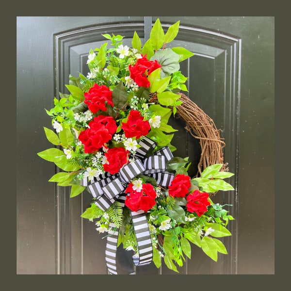 Summer Geranium Wreath for Front Door, Red Geranium Wreath, Geranium Door Wreath, Pink Geranium Wreath, Double Door Wreaths