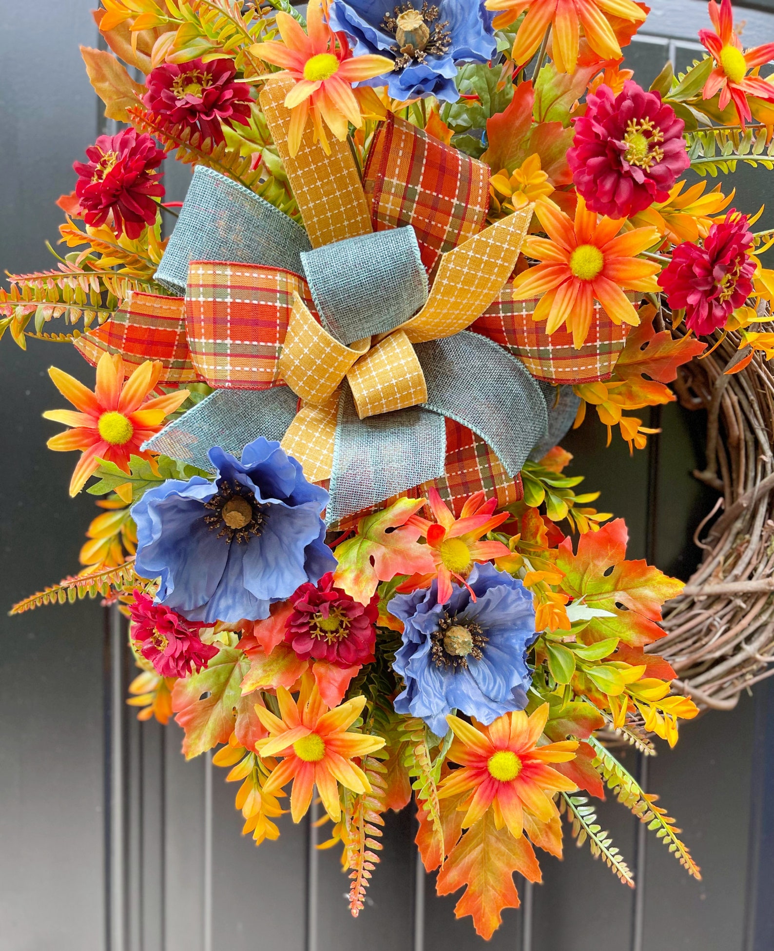 Fall Wreath With Blue Flowers Blue and Orange Fall Wreath Etsy