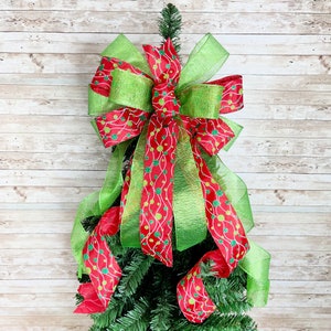 Red and Lime Green Christmas Tree Bow Topper, Holiday Tree Topper Bow, Christmas Garland Bow, Xmas Tree Topper, Large Christmas Bow