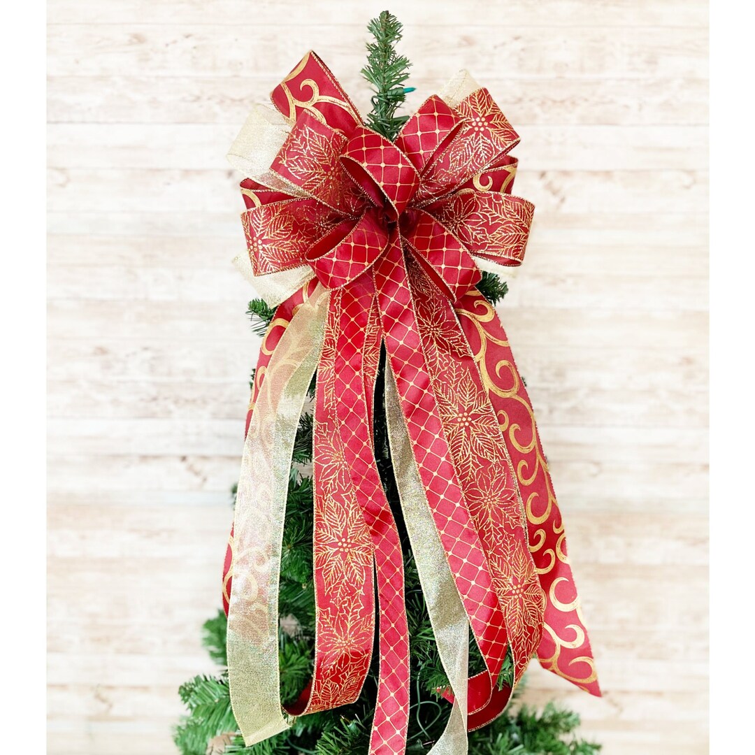 Burgundy and Gold Christmas Tree Bow, Christmas Tree Bow With Streamers