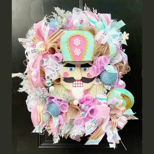 Pink Nutcracker Wreath for Front Door, Pastel Christmas Wreath, Pink Christmas Door Decor, Candy Land Christmas Wreath
