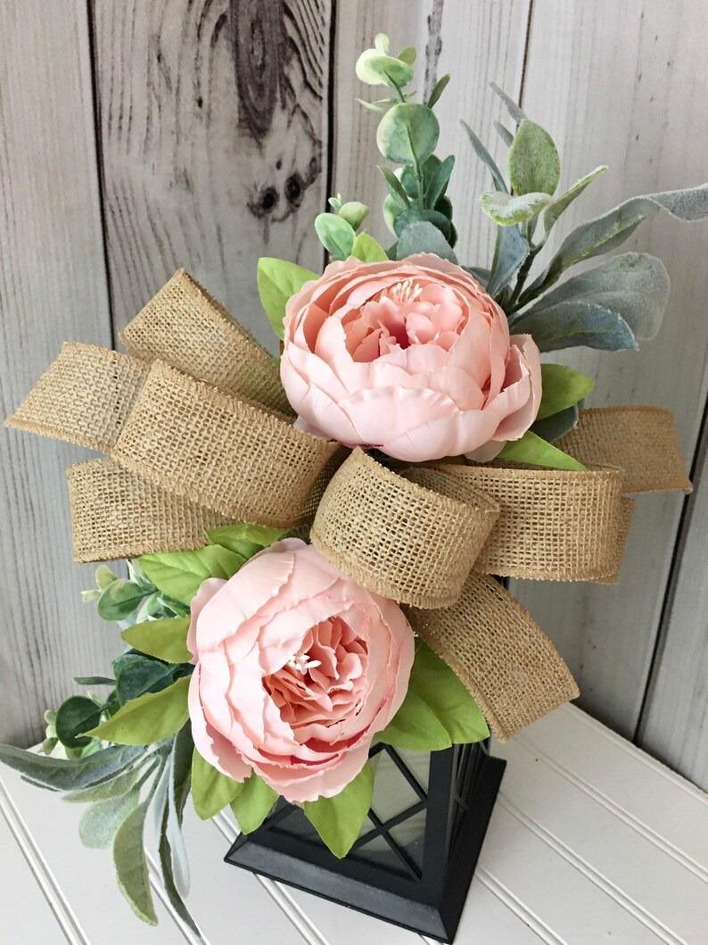 Spring Lantern Swag, Pink Peony Lantern Swag, Farmhouse Lantern Centerpiece with Flowers, Farmhouse Lantern Topper, Burlap Bow for Lantern image 2