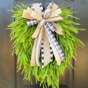 Spring Bead Grass Wreath, Saw Grass Wreath for Front Door, Custom Year Round Wreath, Cascading Greenery Wreath, Button Fern Wreath