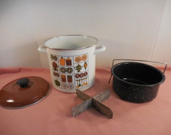 Vintage 70's MCM Enamelware 4 Qt Steamer Stock Pot RETRO Brown Goldenrod Mid Century Modern CUTE