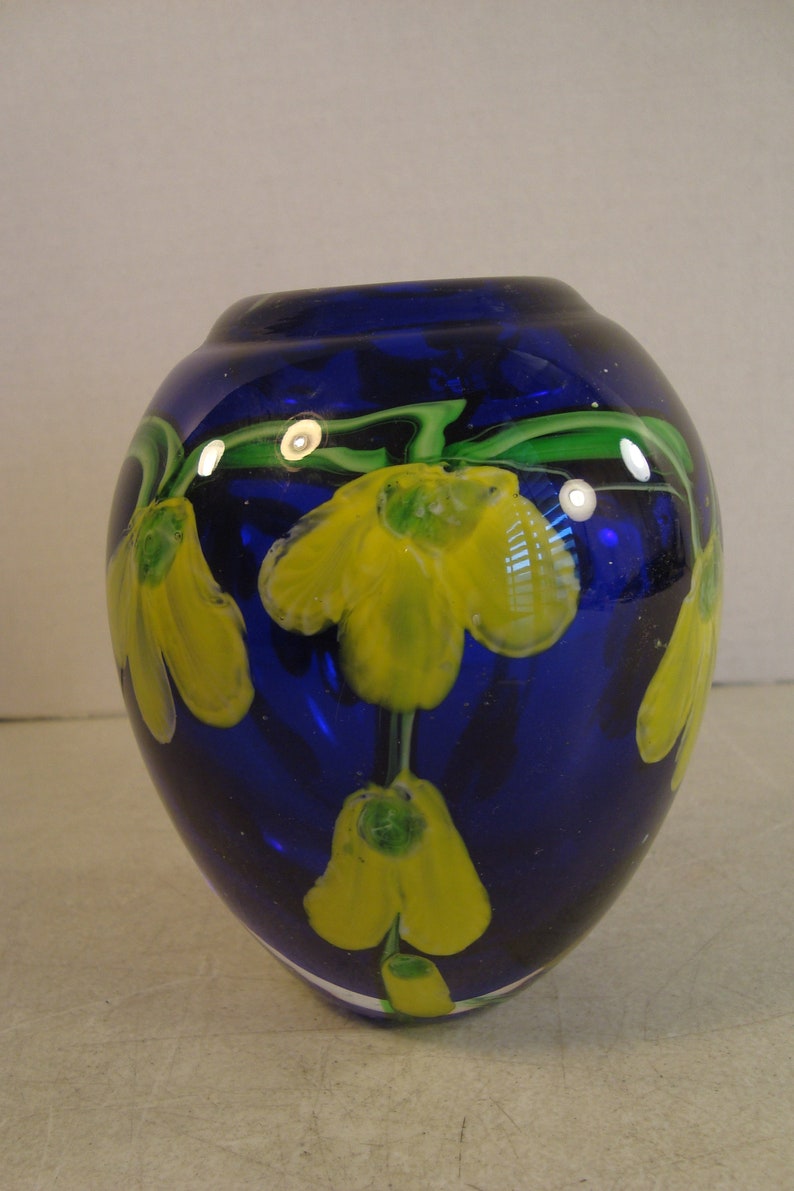 Vintage Murano Style Laburnum Heavy Paperweight Vase Yellow Flowers 5.5