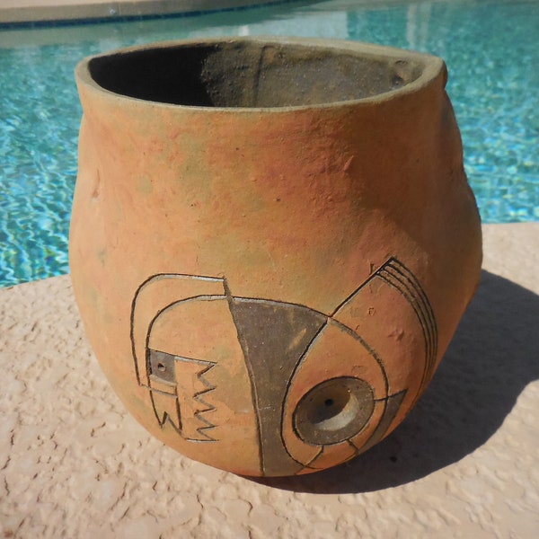 Paulo Soleri 8" Ceramic 2-Sided/2-Tone* Planter Pot Vase Vessel  UNIQUE