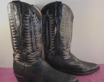 1970s Ostrich Skin Black Label Tony Lama Vintage Cowboy Boots