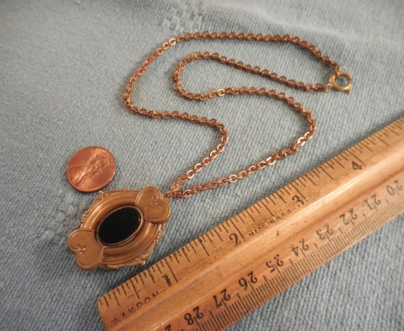 Vintage Gold Tone* Locket Pendant Necklace Black … - image 1