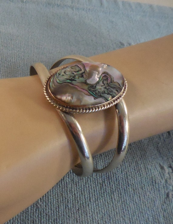 Vintage Mexico Abalone Cuff Bracelet Alpaca - image 8