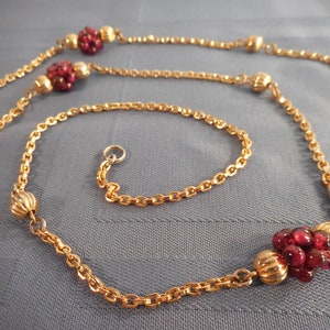 Vintage DAUPLAISE Garnet Bead Cluster and Gold Tone Ball Accent Long Chain Necklace