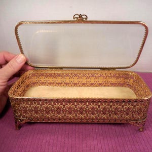 Vintage Ormolu Casket Jewelry Trinket Box 9x4 with Beveled Glass Ornate Filigree Footed SWEET