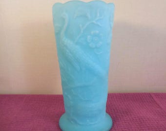 Fenton Blue Satin Peacock Garden Vase Custard Glass 8"* AS IS** FB8
