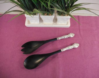 Vintage Gorham Melrose Sterling Silver Handle Black Resin/Plastic Spoon and Spork Salad Servers Set Classy MCM GM12