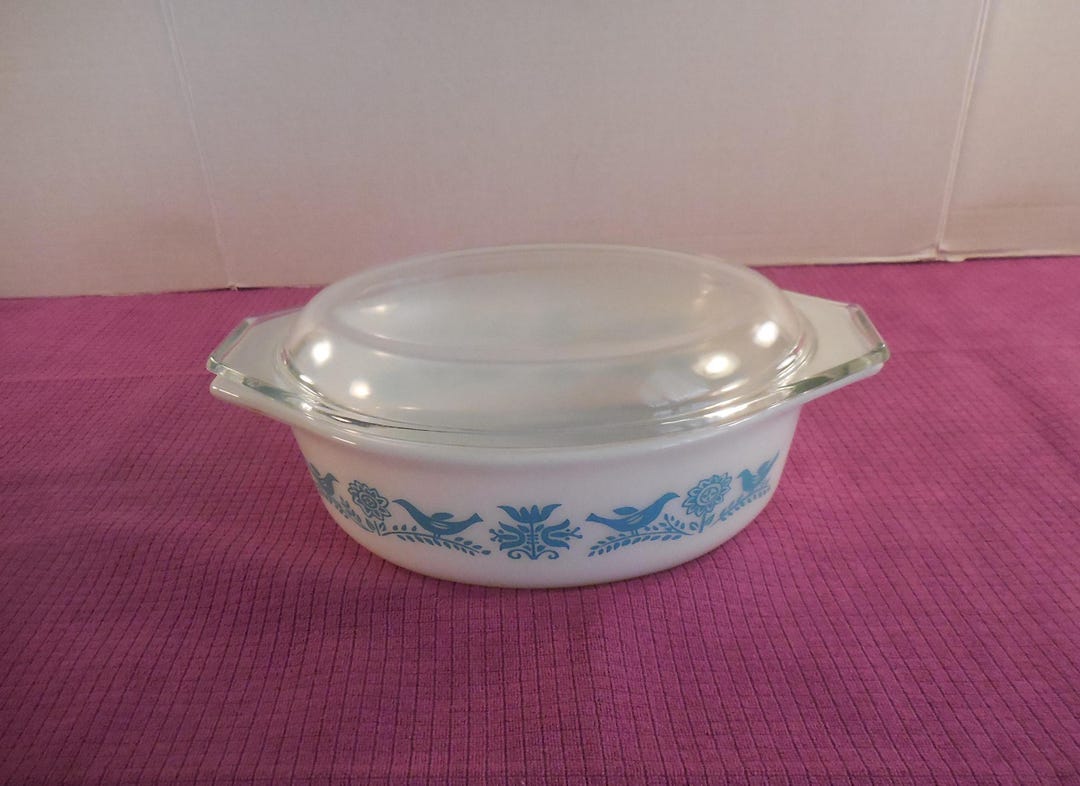 Vintage Pyrex BLUEBIRD Pattern 043 Oval Casserole Dish With Lid 1 1/2 ...