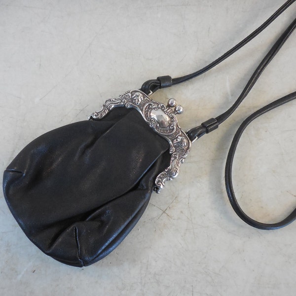 Brighton ONE WORLD Black Leather Cherub Accent Kisslock Mini Crossbody Purse Bag