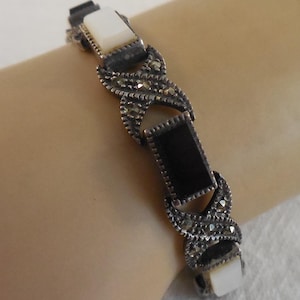Vintage Art Deco Sterling Silver Black Onyx and MOP Marcasite Accent Link Bracelet