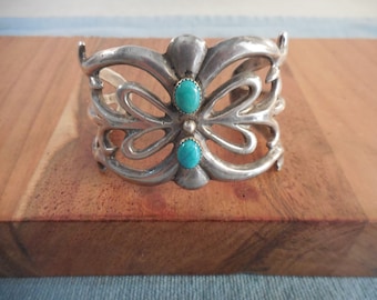 Vintage OLD Sand Cast Sterling Silver* Turquoise Chunky Wide Cuff Bracelet BEAUTY NT