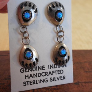 Geniune Native Indian Handcrafted Sterling Silver Opal* BEAR CLAW Dangle Earrings